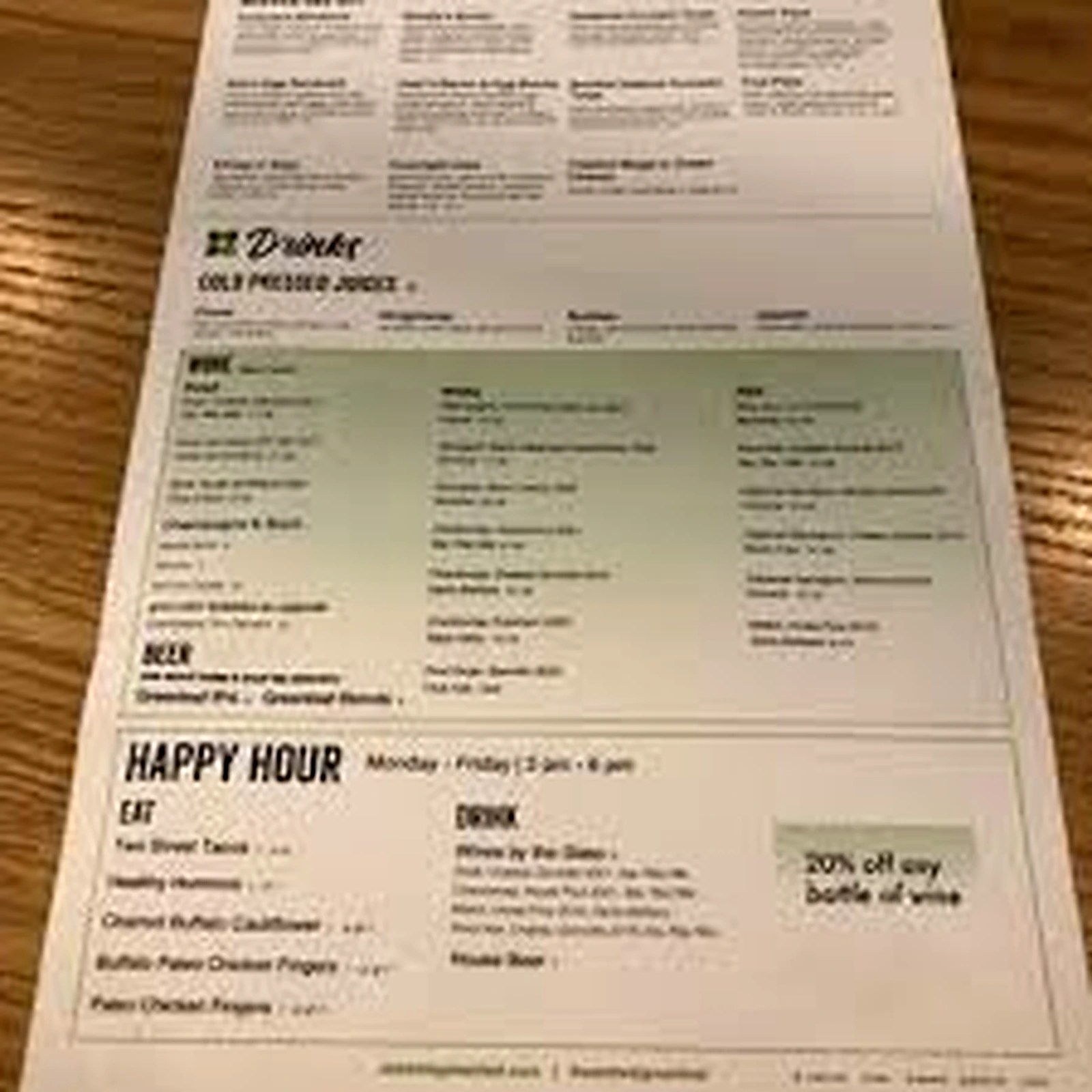 Dinner and Happy Hour menu for weekly specials