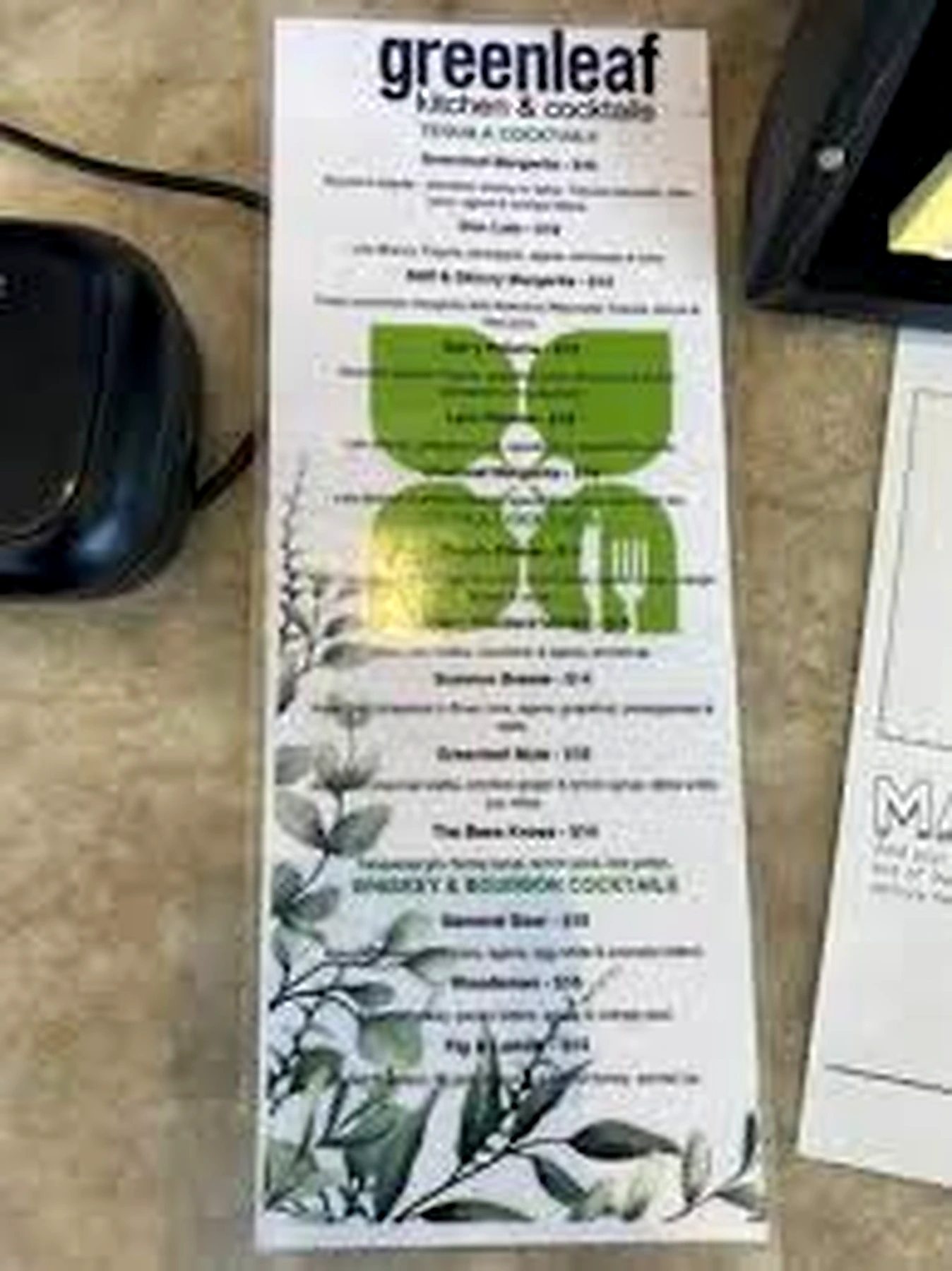 GreenLeaf drinks menu card for cocktails and spirits